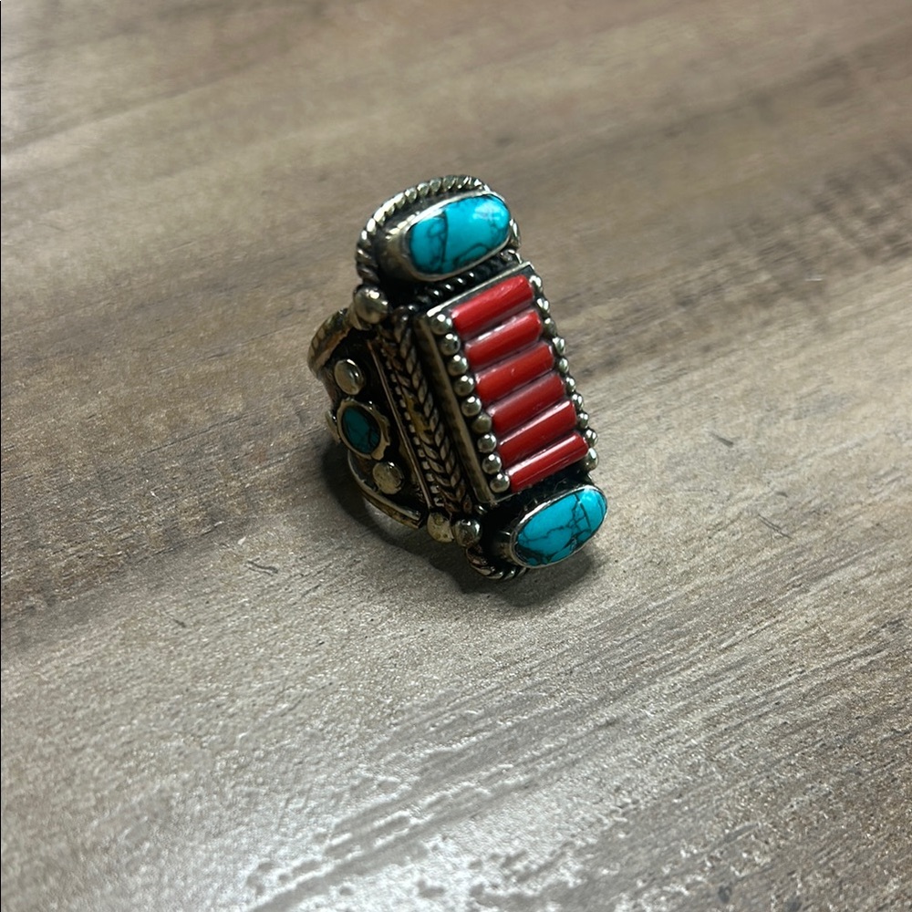 Tibetan Nepali Turquoise and Red Stone Ring